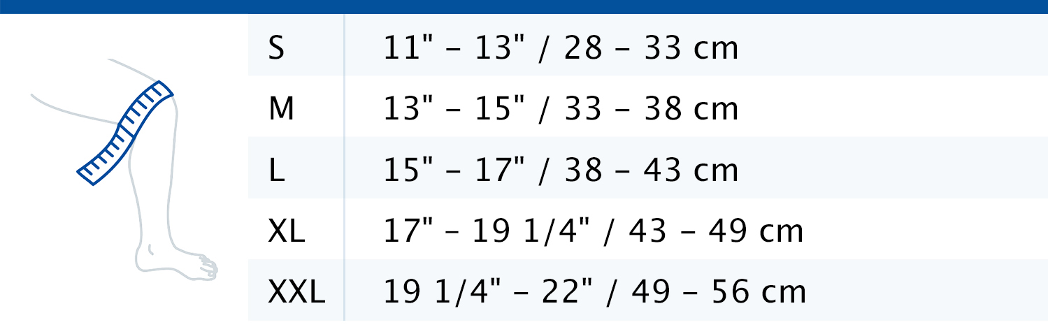Size chart showing measurements for Actimove Arthritis Care Knee Support
 Size chart showing measurements for Actimove Arthritis Care Knee Support